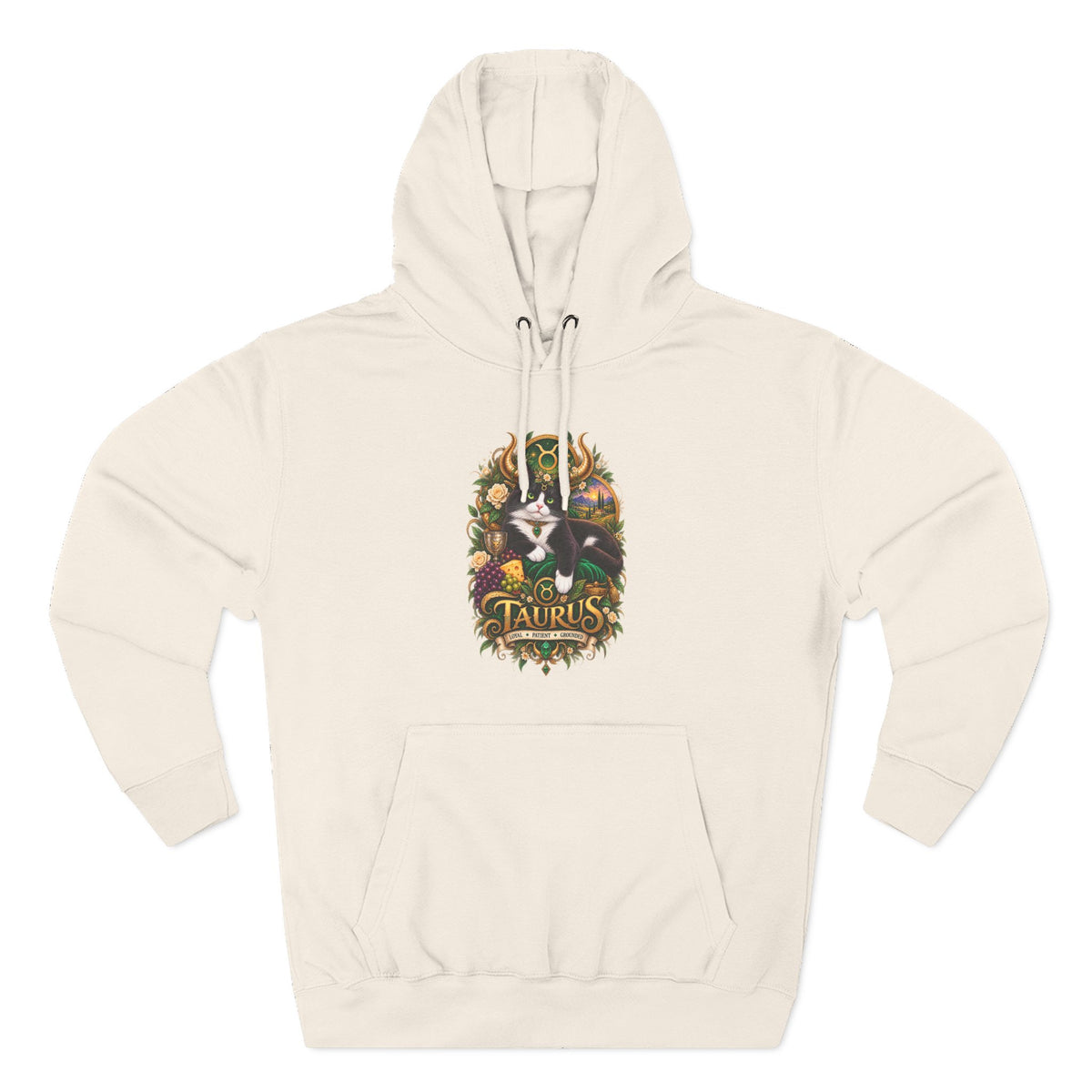 Taurus Tuxedo Cat Zodiac Hoodie — Earthy Bull Constellation Graphic Fleece Pullover