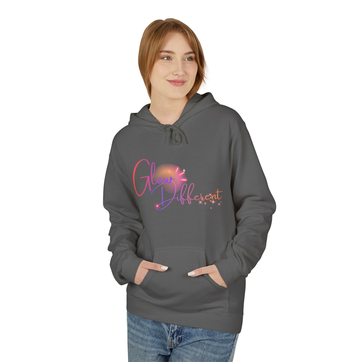 Glow Different Hoodie — Pastel Brush Script Inspirational Pullover