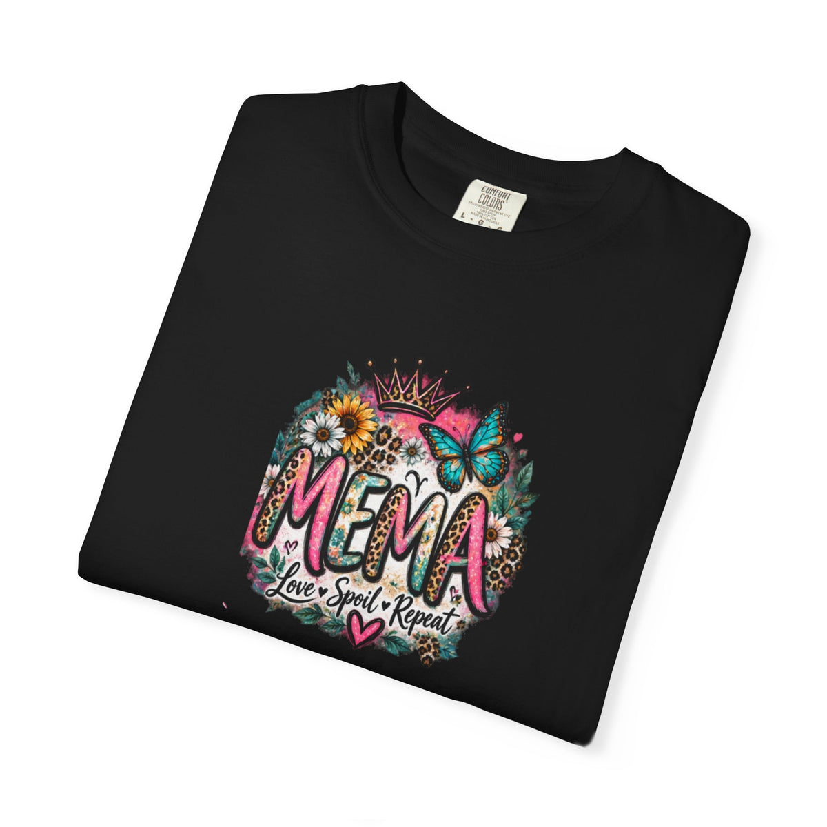 MEMA Floral Crown Tee — Cute Grandma Shirt with Butterfly & Heart Design