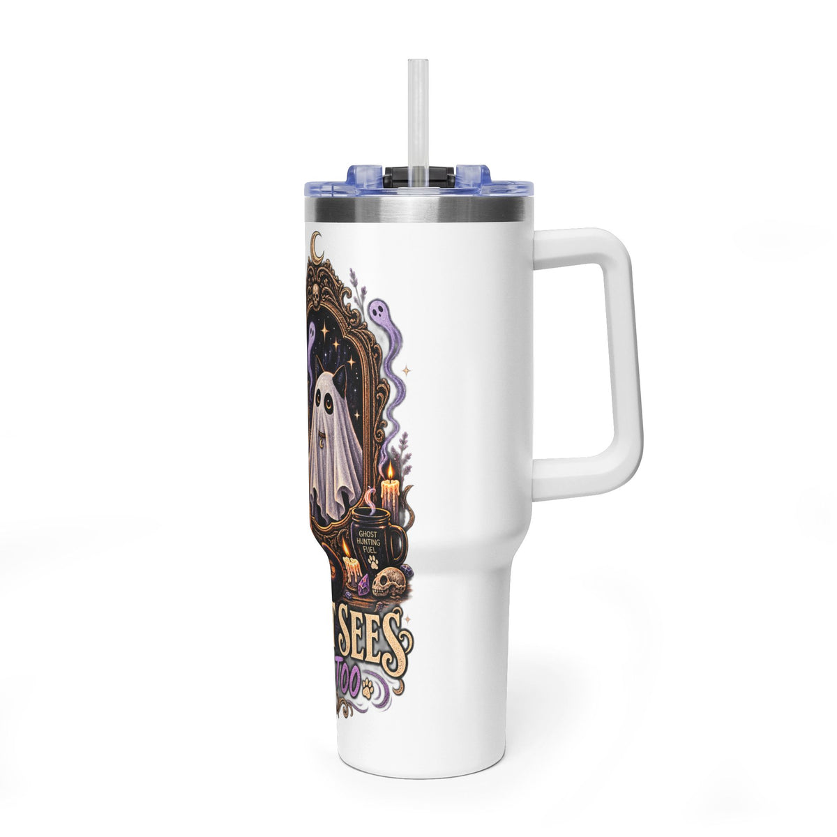40oz Halloween Cat Tumbler – “My Cat Sees Them Too” Vacuum Insulated Travel Mug