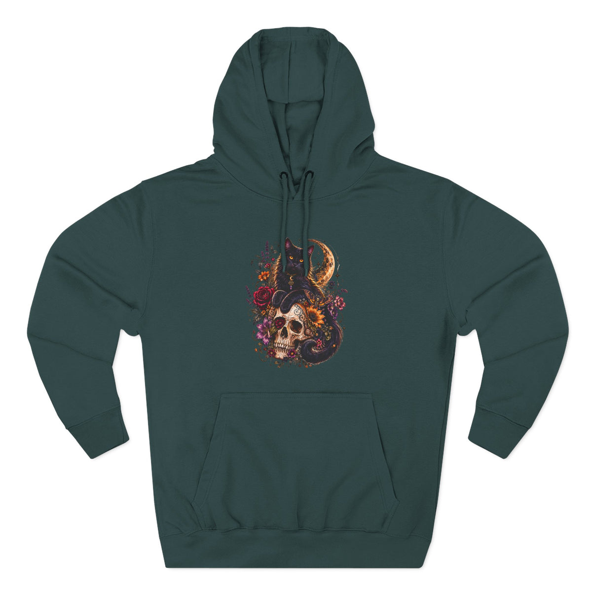 Skull & Cat Hoodie — Romantic Gothic Celestial Moon Graphic Fleece Pullover