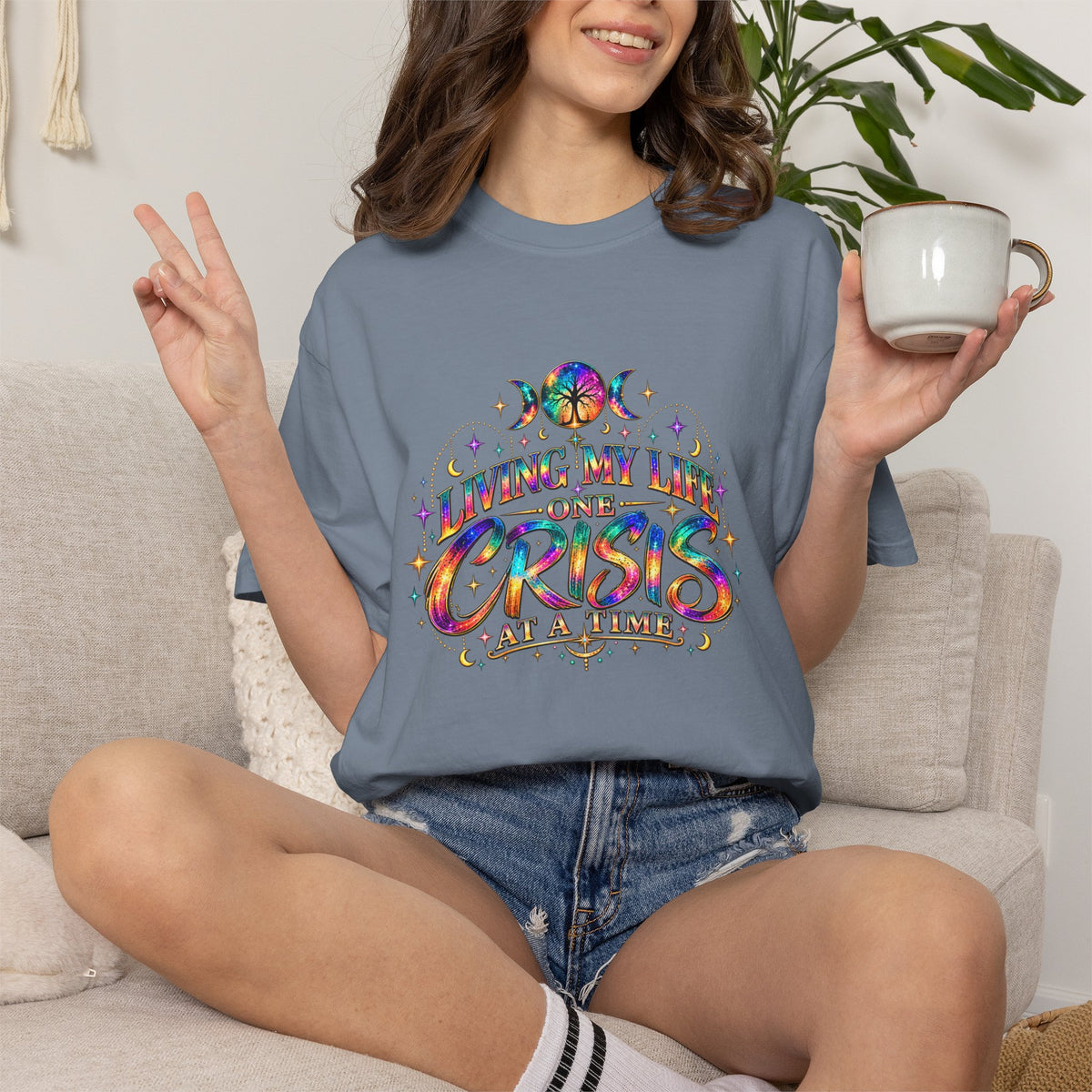 Graphic T-Shirt — "Living My Life One Crisis at a Time" Colorful Retro Tee