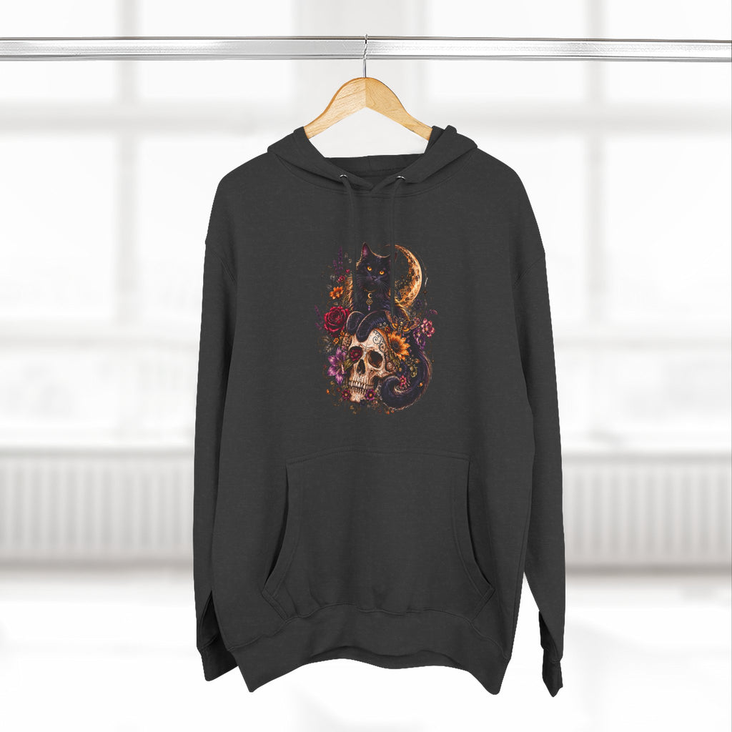 Skull & Cat Hoodie — Romantic Gothic Celestial Moon Graphic Fleece Pullover