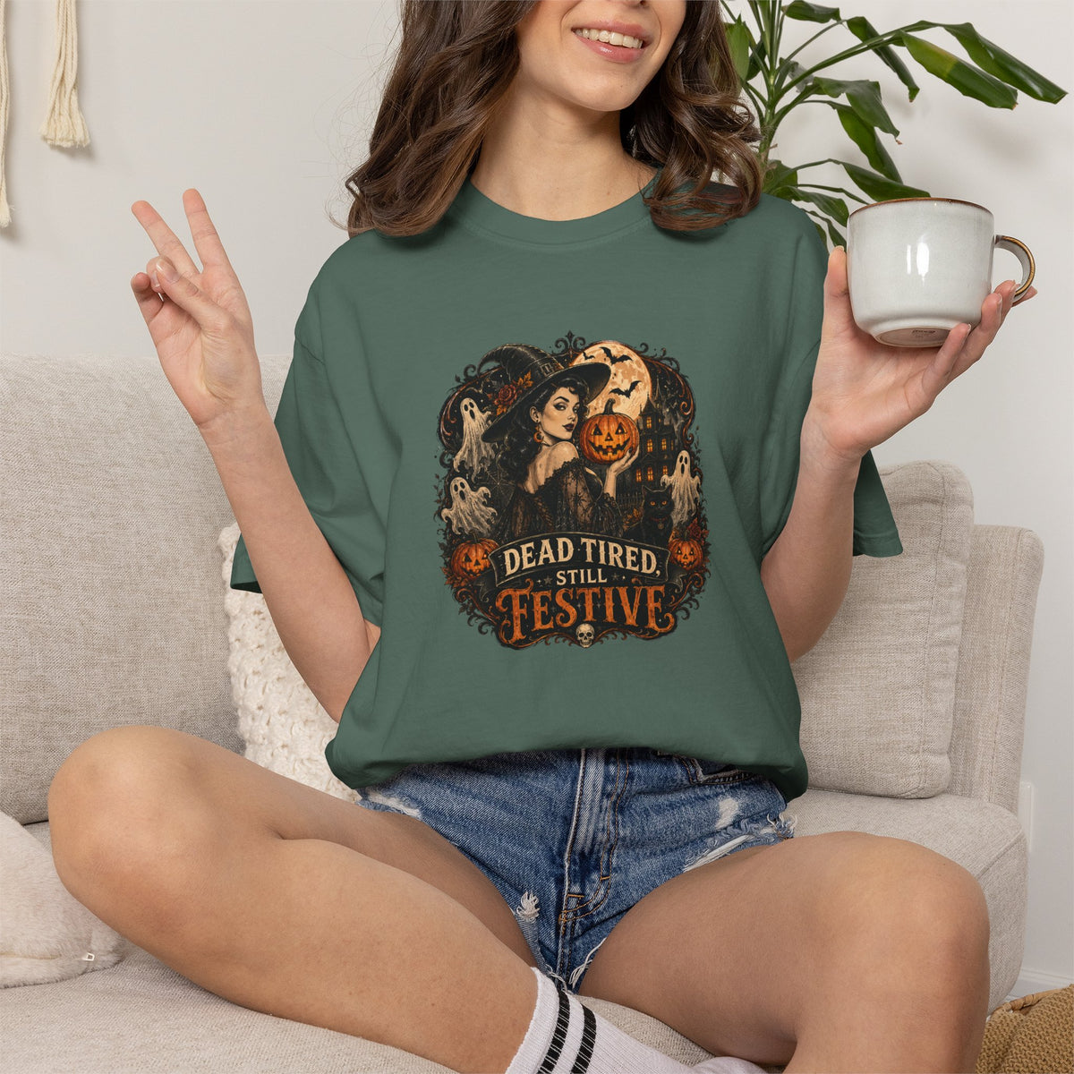 Halloween Graphic T-Shirt — "Dead Tired but Festive" Vintage Horror Pumpkin Tee