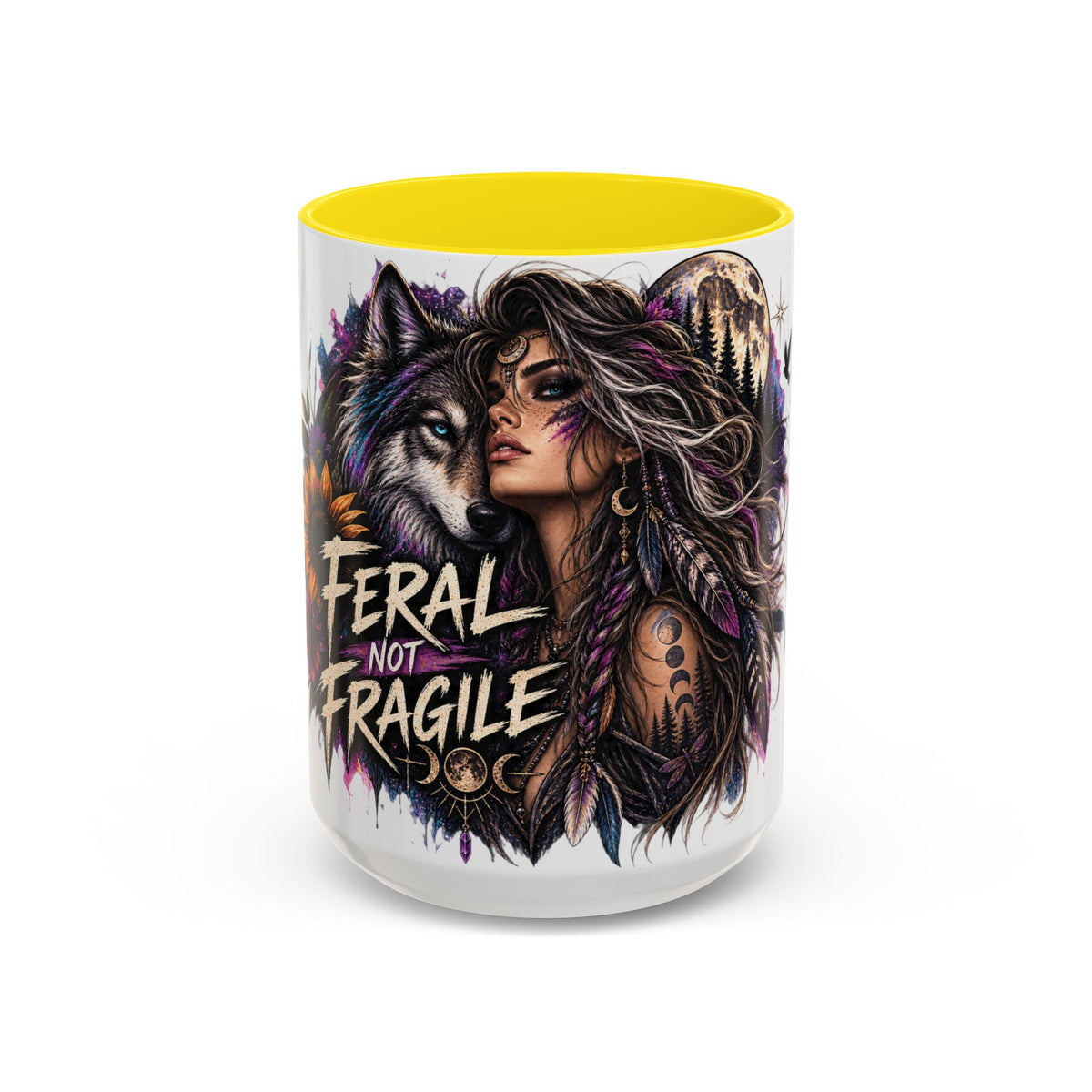 Feral Not Fragile Accent Coffee Mug — Wolf Goddess 11oz/15oz