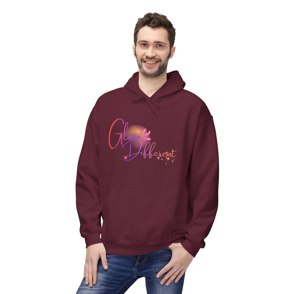 Glow Different Hoodie — Pastel Brush Script Inspirational Pullover