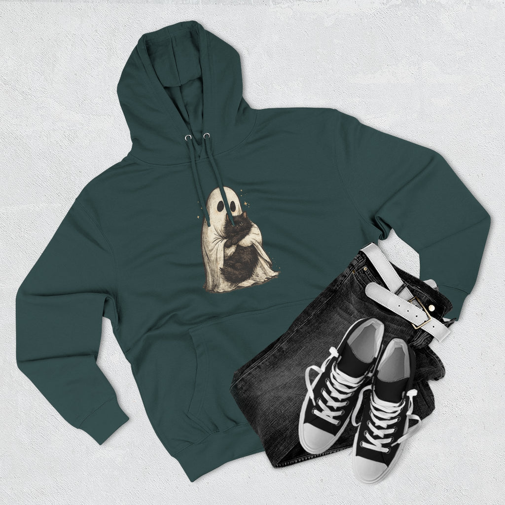 Ghost Hugging Black Cat Fleece Hoodie — Cute Ghost Hugging Black Cat Cozy Pullover