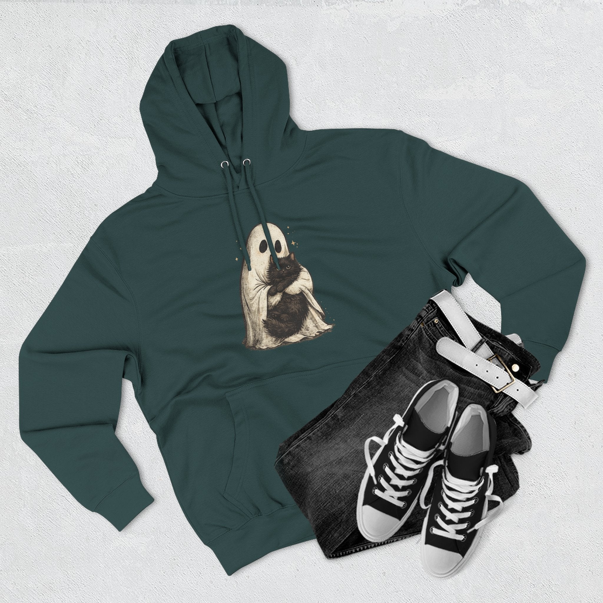 Ghost Hugging Black Cat Fleece Hoodie — Cute Ghost Hugging Black Cat Cozy Pullover