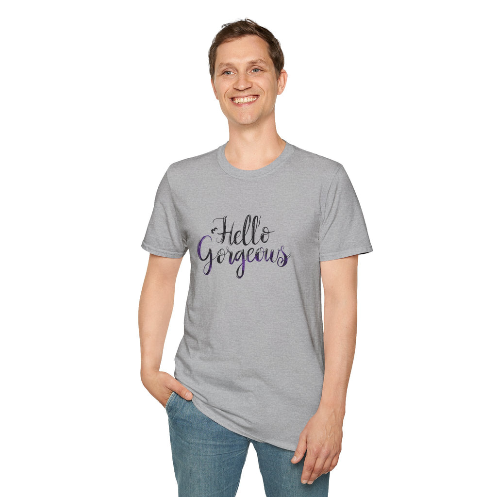 T-Shirt — "Hello Gorgeous" Purple Black Script Graphic Tee