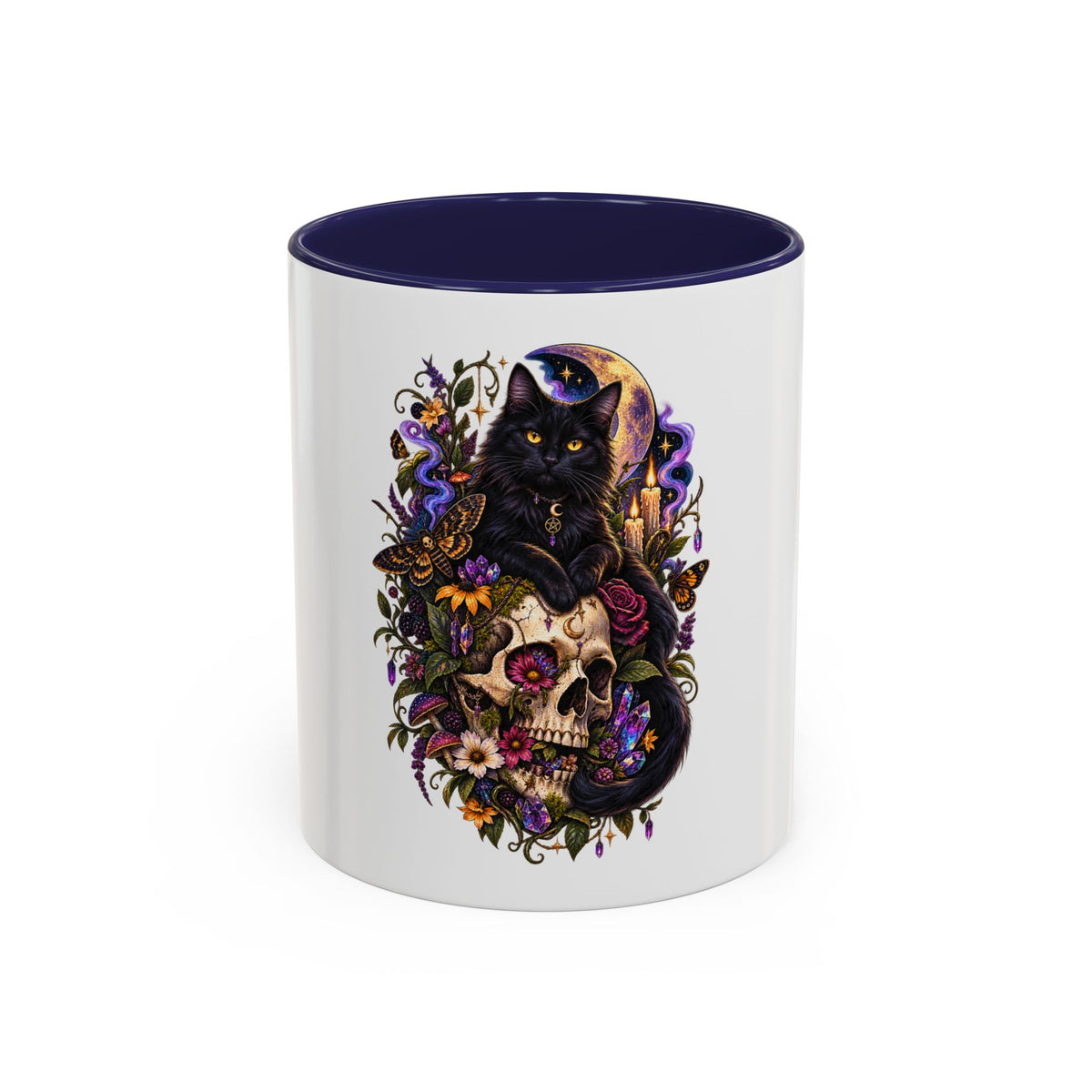 Black Cat & Skull Floral Accent Coffee Mug — Gothic Halloween Coffee Cup (11/15oz)