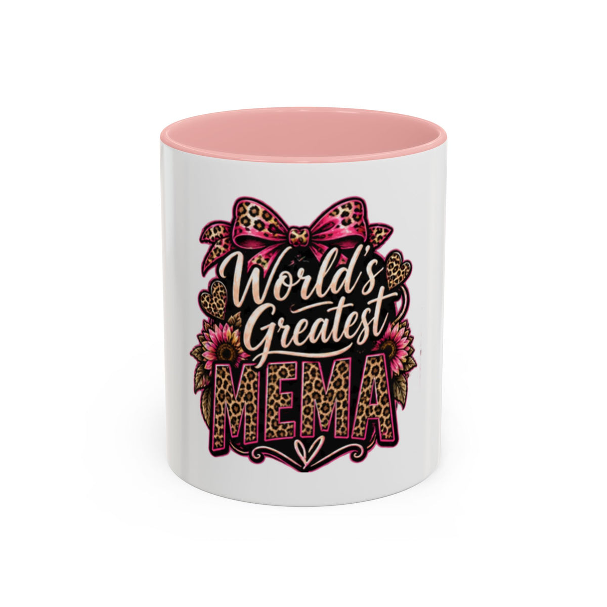 World's Greatest Mema Accent Coffee Mug – Leopard Pink Bow Gift for Grandma (11/15 oz)