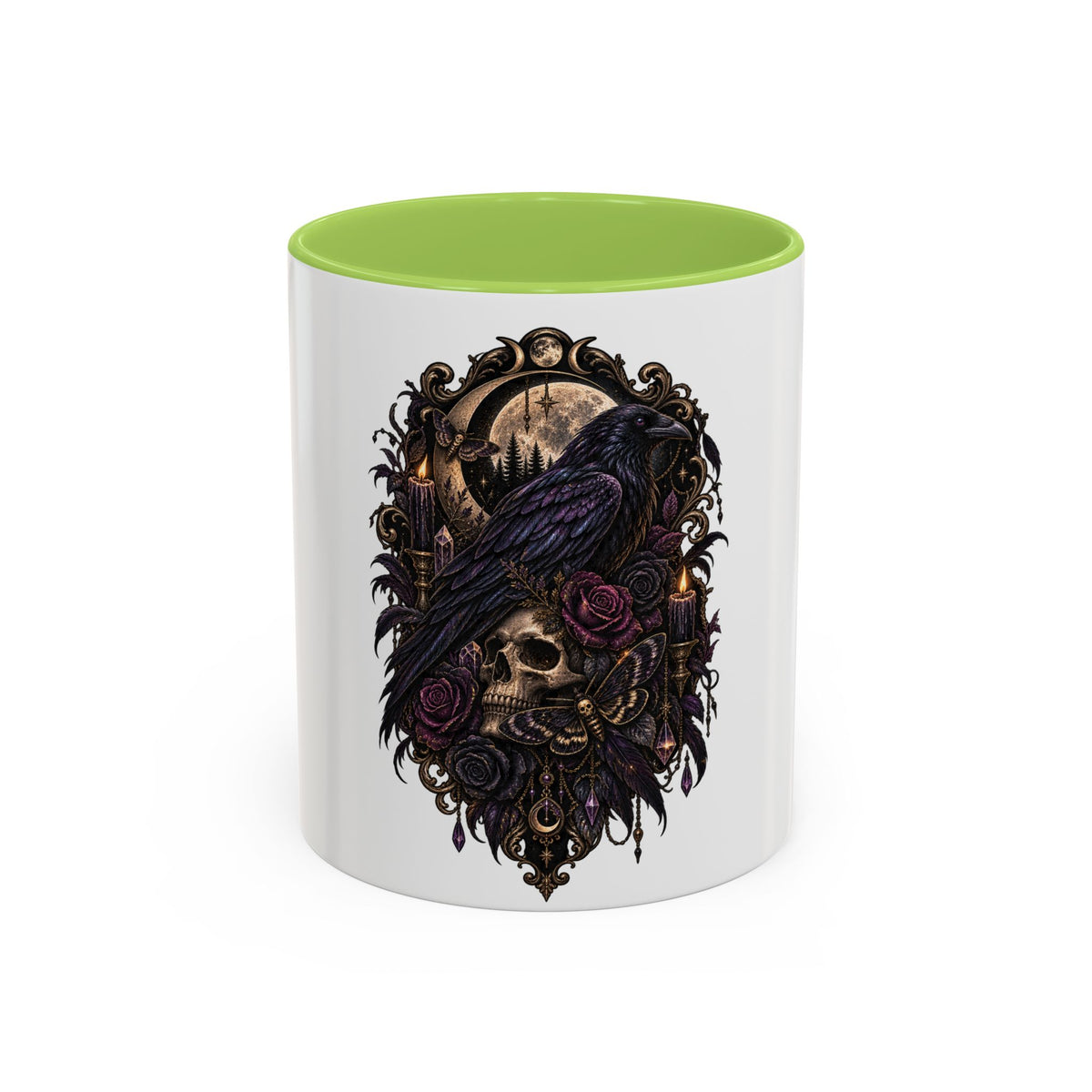 Gothic Raven & Skull Accent Coffee Mug — Dark Floral Occult Tea Cup