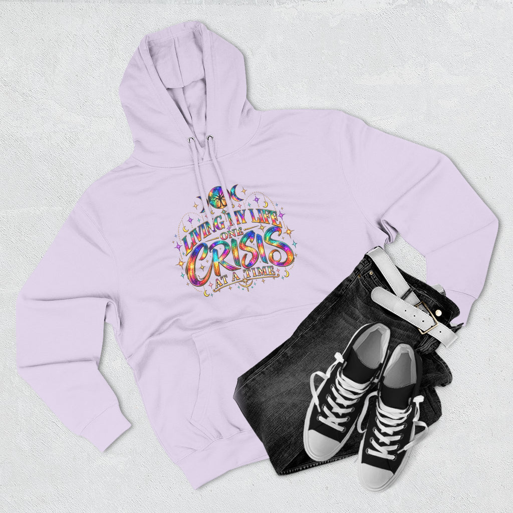 Hoodie — "Living My Best One Crisis At A Time" Colorful Retro Graphic