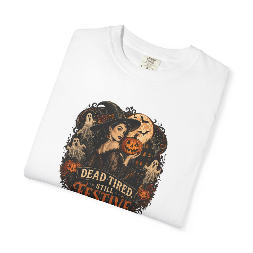 Halloween Graphic T-Shirt — "Dead Tired but Festive" Vintage Horror Pumpkin Tee