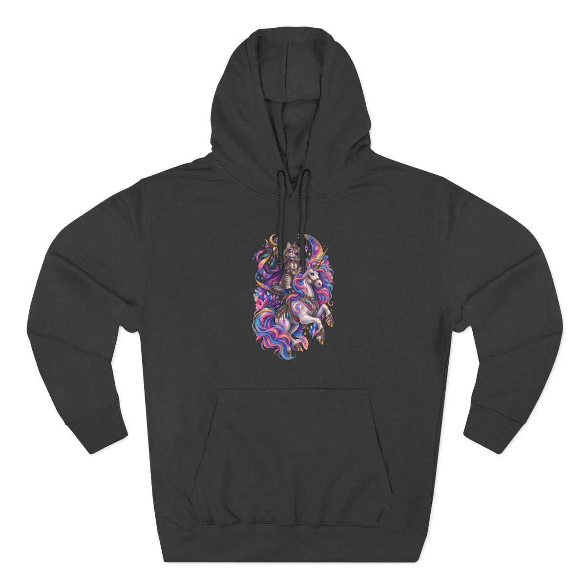 Colorful Cosmic Cat Riding a Unicorn — Vibrant Nebula Graphic Pullover