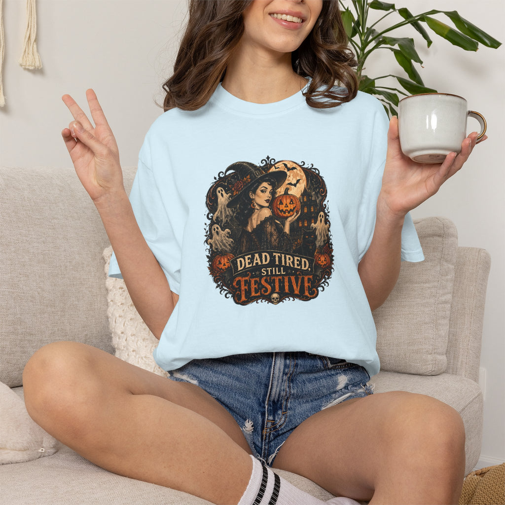 Halloween Graphic T-Shirt — "Dead Tired but Festive" Vintage Horror Pumpkin Tee