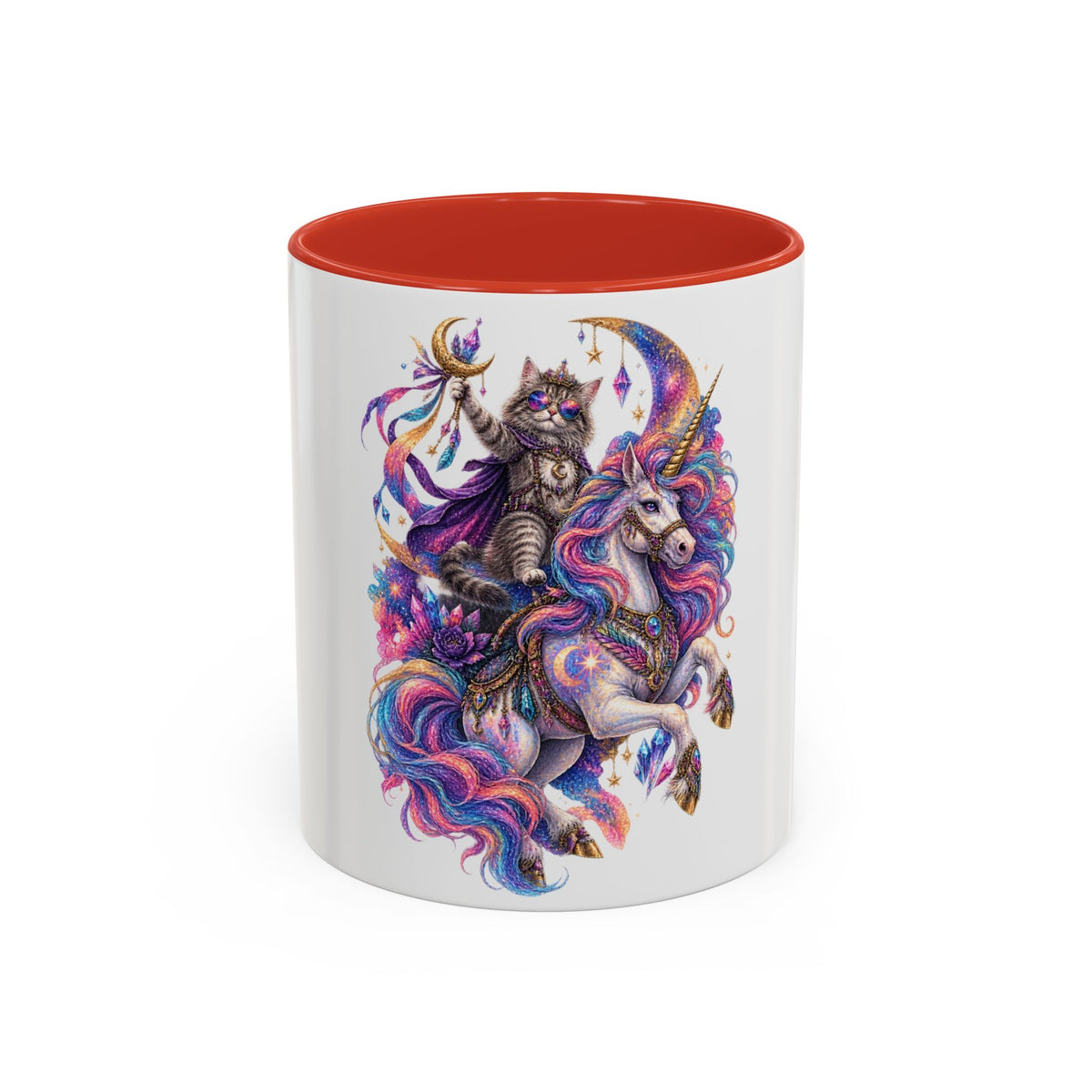 Magical Cat Knight on Unicorn Accent Coffee Mug — Colorful Fantasy 11/15oz