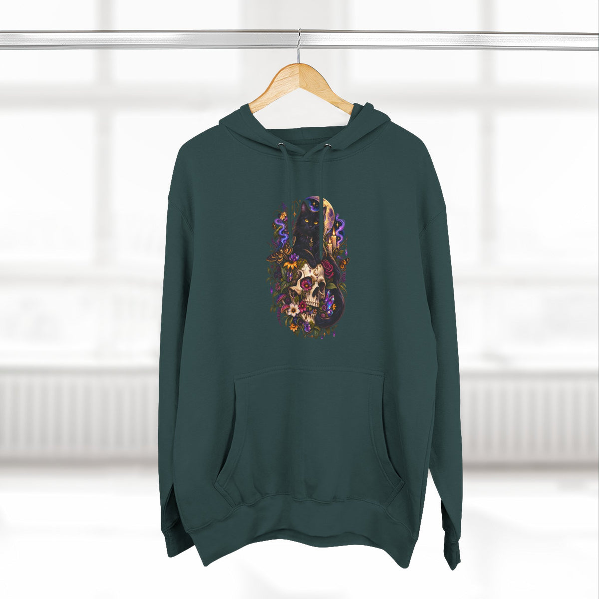 Skull Black Cat Hoodie — Romantic Gothic Floral Skull Graphic Fleece Pullover