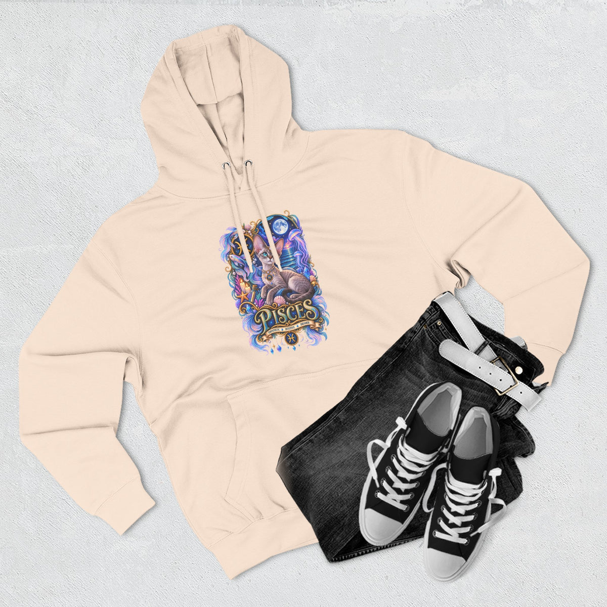 Pisces Zodiac Devon Rex Cat Hoodie — Mystical Watercolor Fish Astrology Pullover