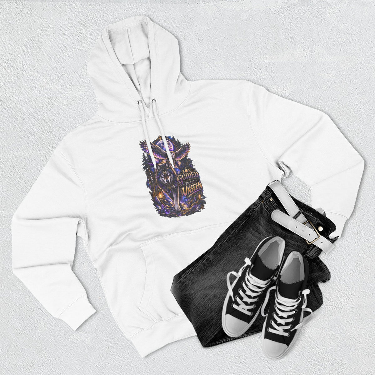 Witchy Owl and Wolf Fleece Hoodie - Mystical Night Forest Graphic- Guided by the Unseen