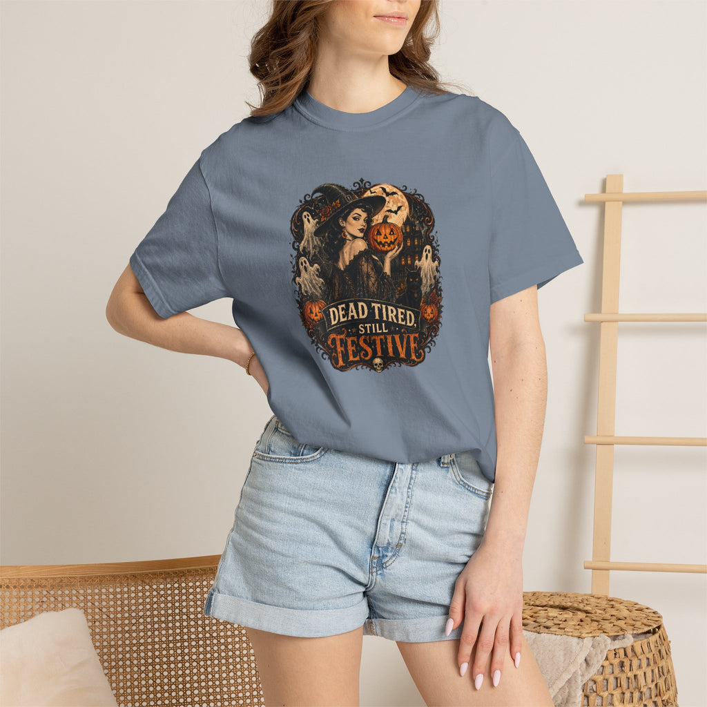 Halloween Graphic T-Shirt — "Dead Tired but Festive" Vintage Horror Pumpkin Tee