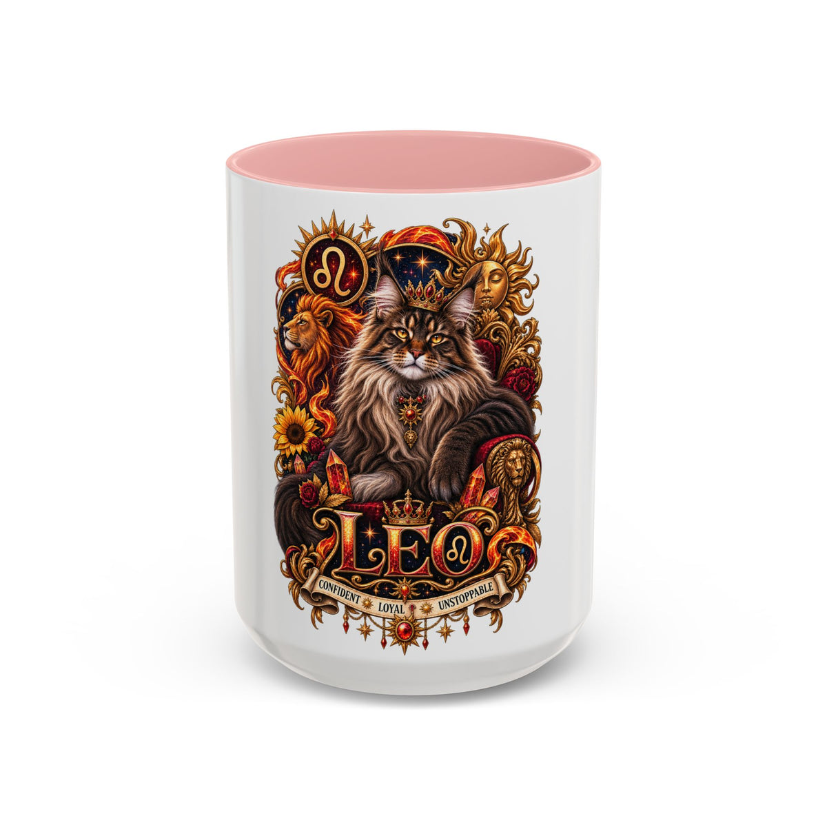 Leo Zodiac Cat Coffee Mug – Maine Coon Astrological Birthday Gift (11/15oz)