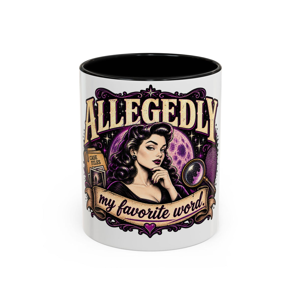 Allegedly Coffee Mug — Retro Pinup Mystery Design