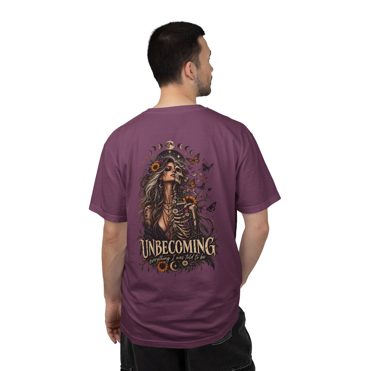 Unbecoming Gothic Moon T‑Shirt — Witchy Skeleton Art Tee