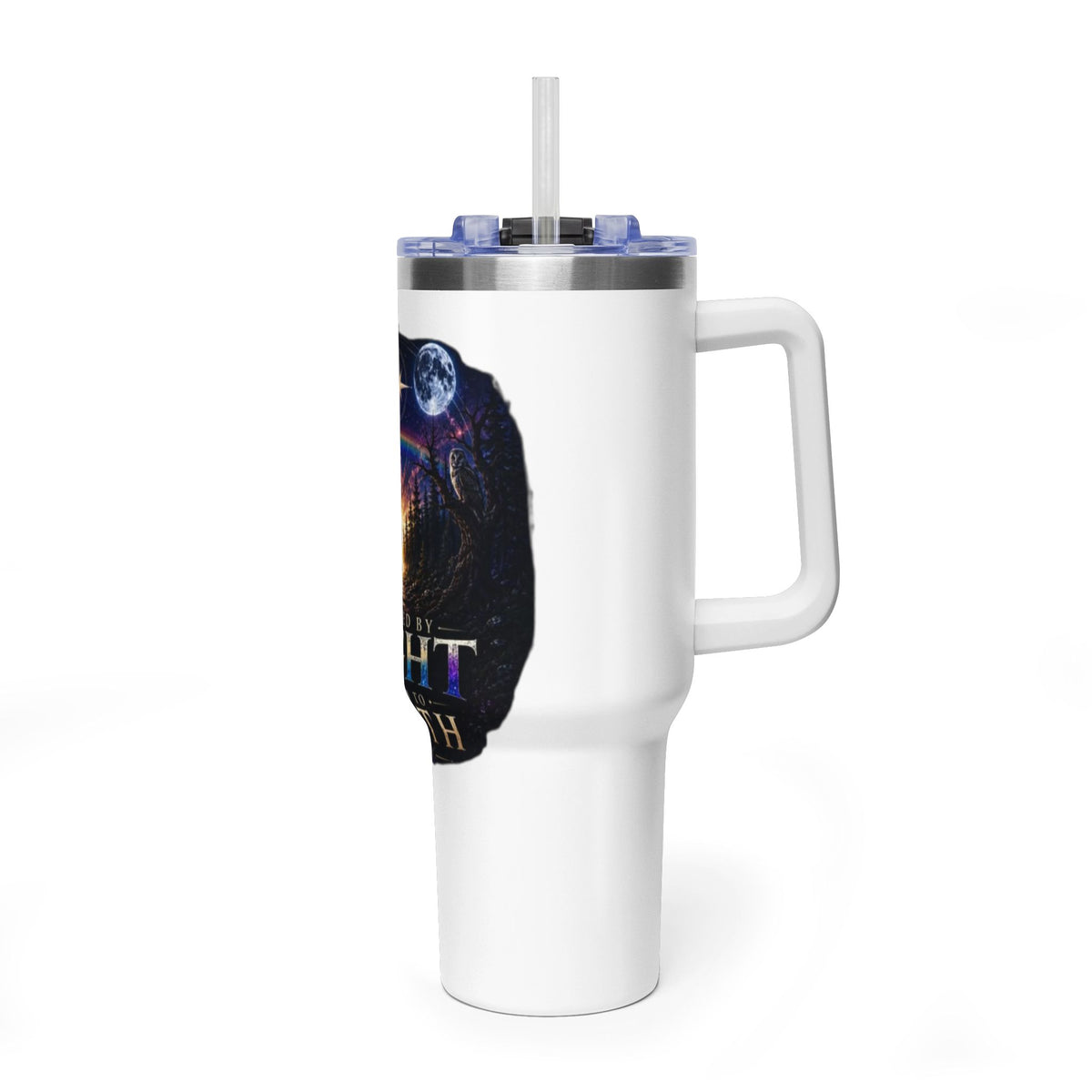 40oz Guided by Light Thermal Tumbler — Inspirational Travel Mug with Cosmic Forest Design