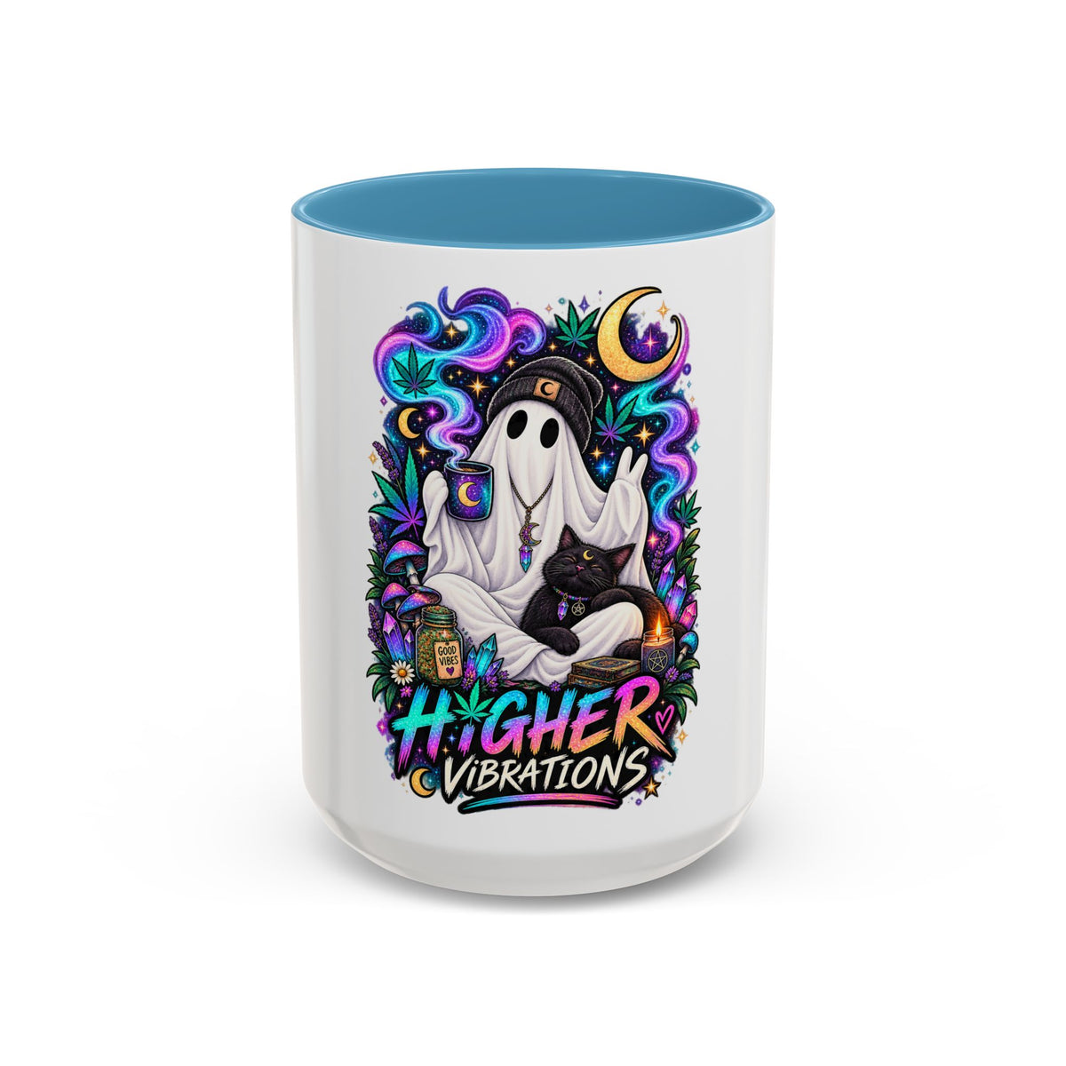 Higher Vibrations Coffee Mug — Cute Ghost & Cat Accent Mug (11/15 oz)