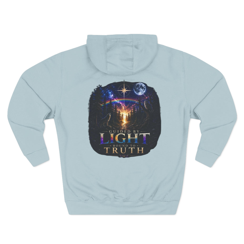 Guided by Light Bound toTruth Fleece Hoodie — Spiritual Galaxy Chest Emblem & Backscape Design