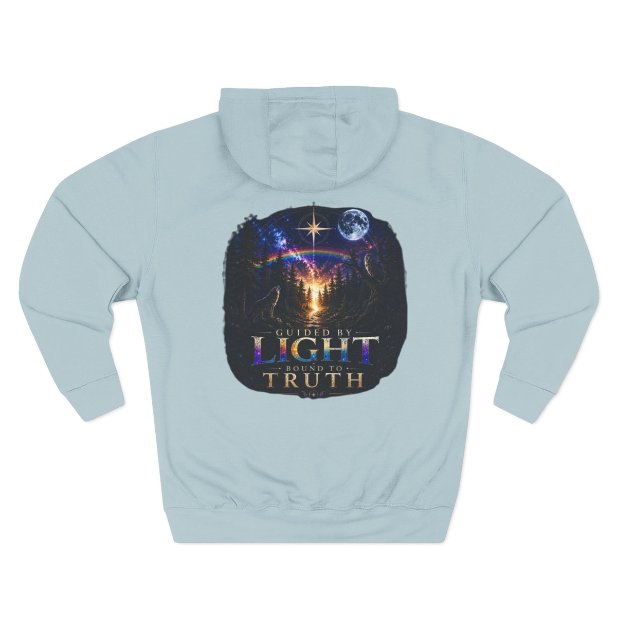 Guided by Light Bound toTruth Fleece Hoodie — Spiritual Galaxy Chest Emblem & Backscape Design