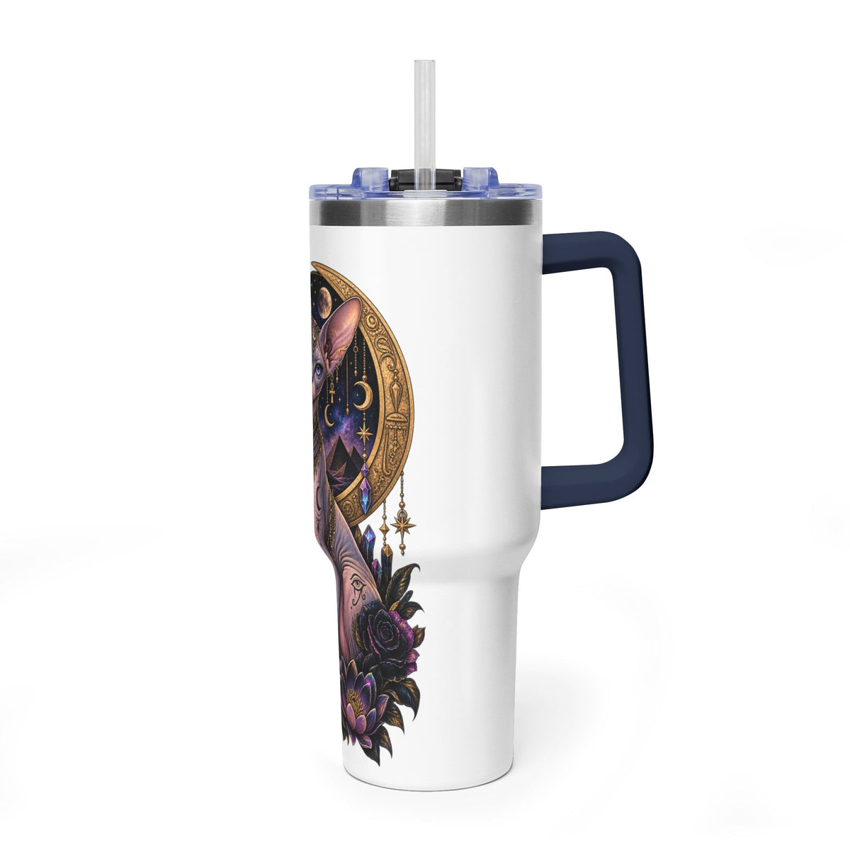 40oz Sphynx Cat Tumbler — Mystical Moon Vacuum Insulated Travel Mug