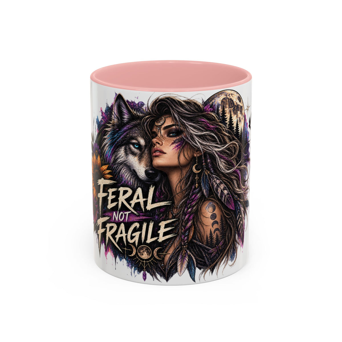 Feral Not Fragile Accent Coffee Mug — Wolf Goddess 11oz/15oz