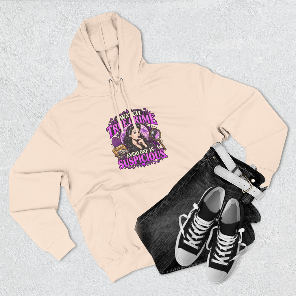True Crime Hoodie — “Everyone Is Suspicious” Graphic Pullover