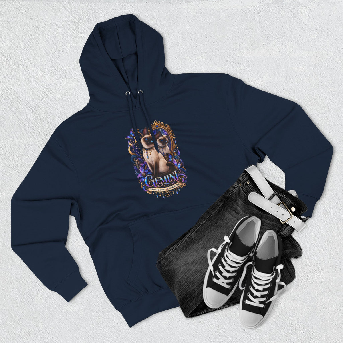 Gemini Siamese Zodiac Hoodie — Mystical Celestial Cat Astrology Design