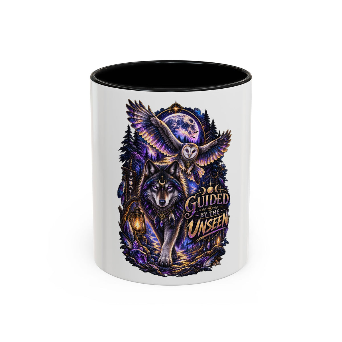 Guided by the Unseen Coffee Mug — Wolf & Owl Spirit Animal Accent Mug (11/15oz)