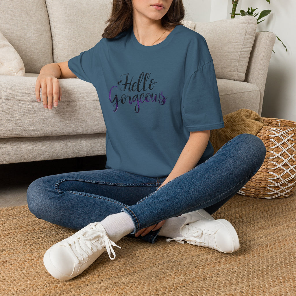 T-Shirt — "Hello Gorgeous" Purple Black Script Graphic Tee