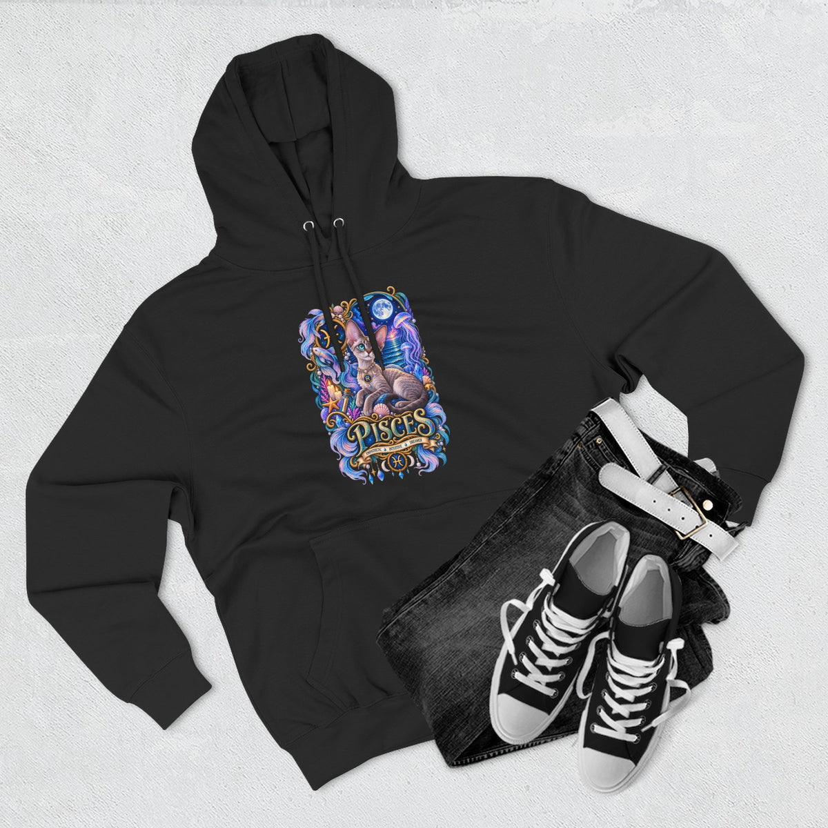 Pisces Zodiac Devon Rex Cat Hoodie — Mystical Watercolor Fish Astrology Pullover