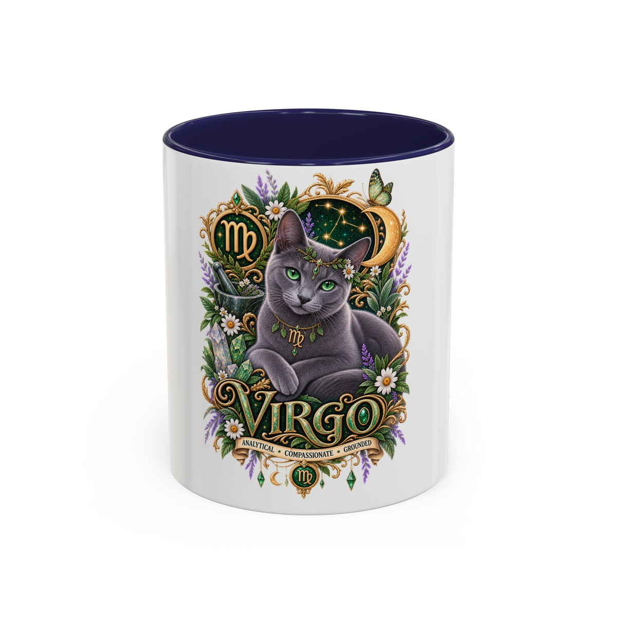 Virgo Russian Blue Cat Accent Coffee Mug — Zodiac Astrology Horoscope Gift (11/15 oz)