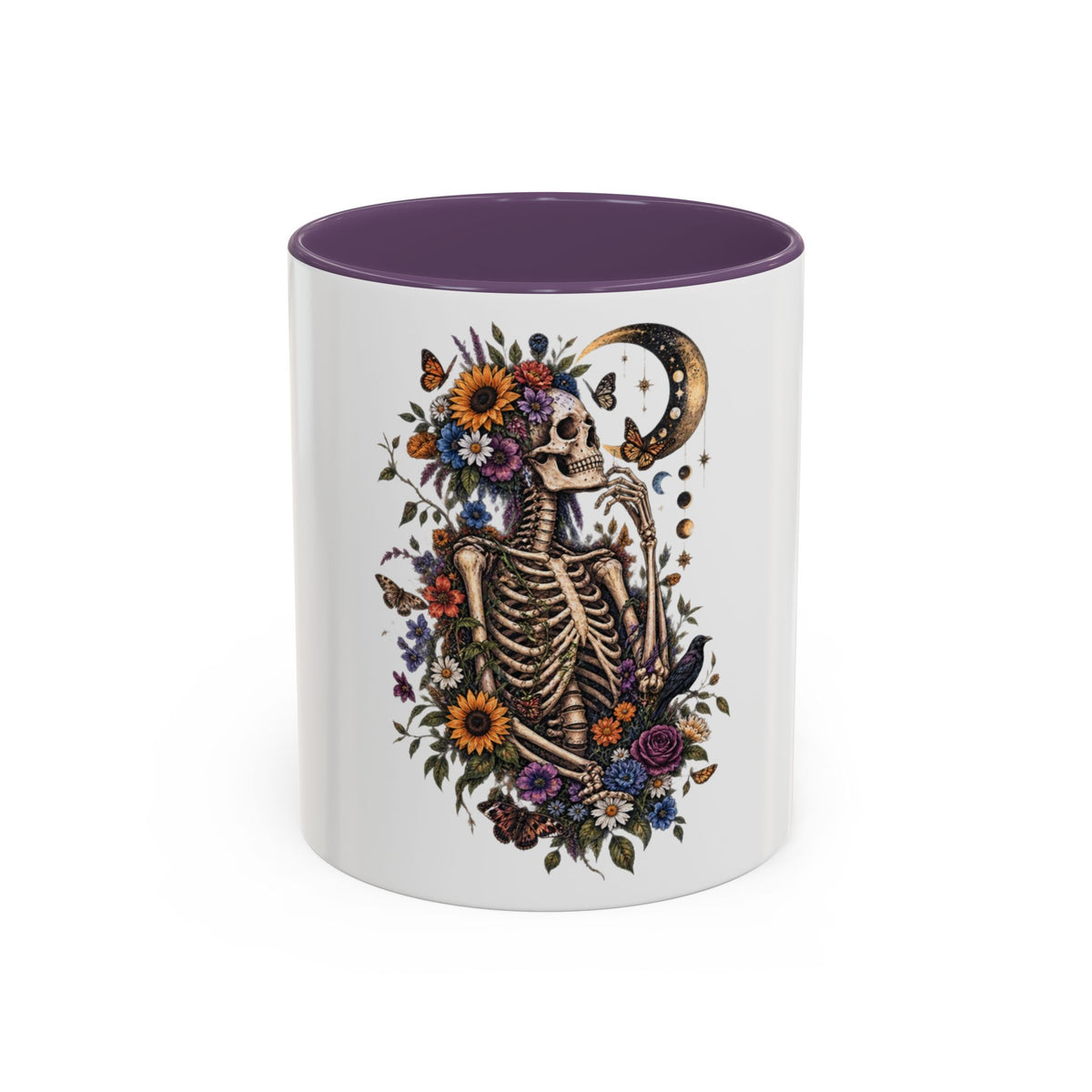 Skull & Moon Floral Coffee Mug — Gothic Botanical Accent Mug