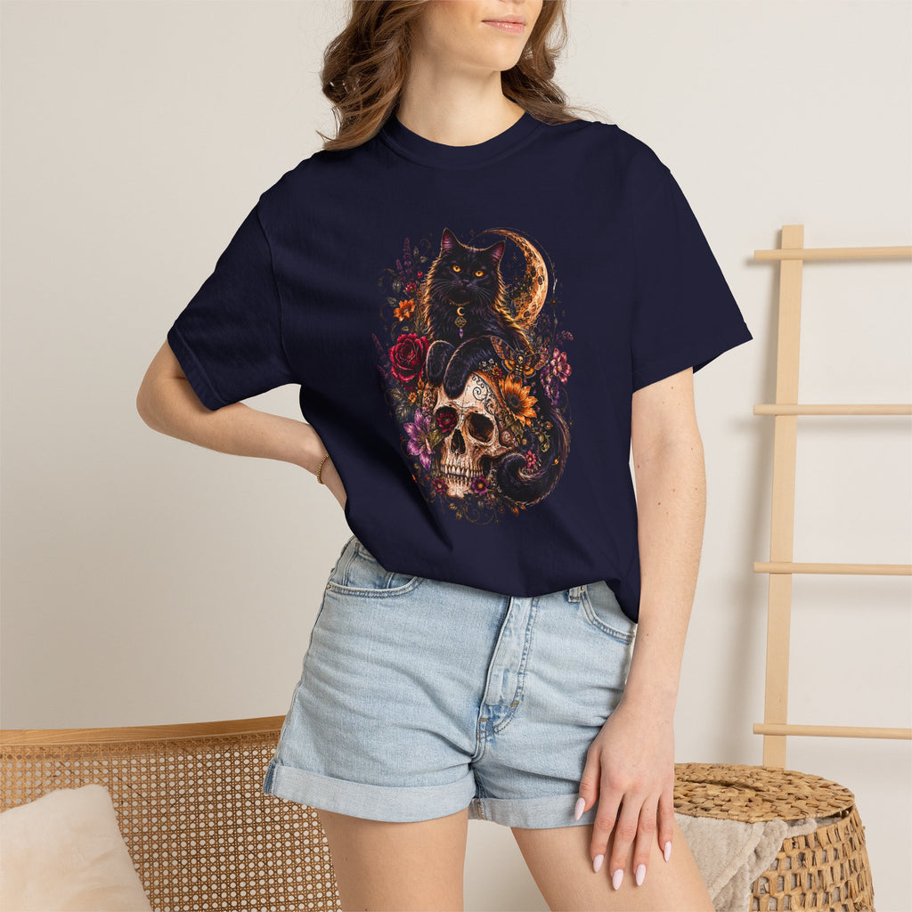 Cat & Skull Gothic T-Shirt — Black Cat Moon Floral Graphic Tee