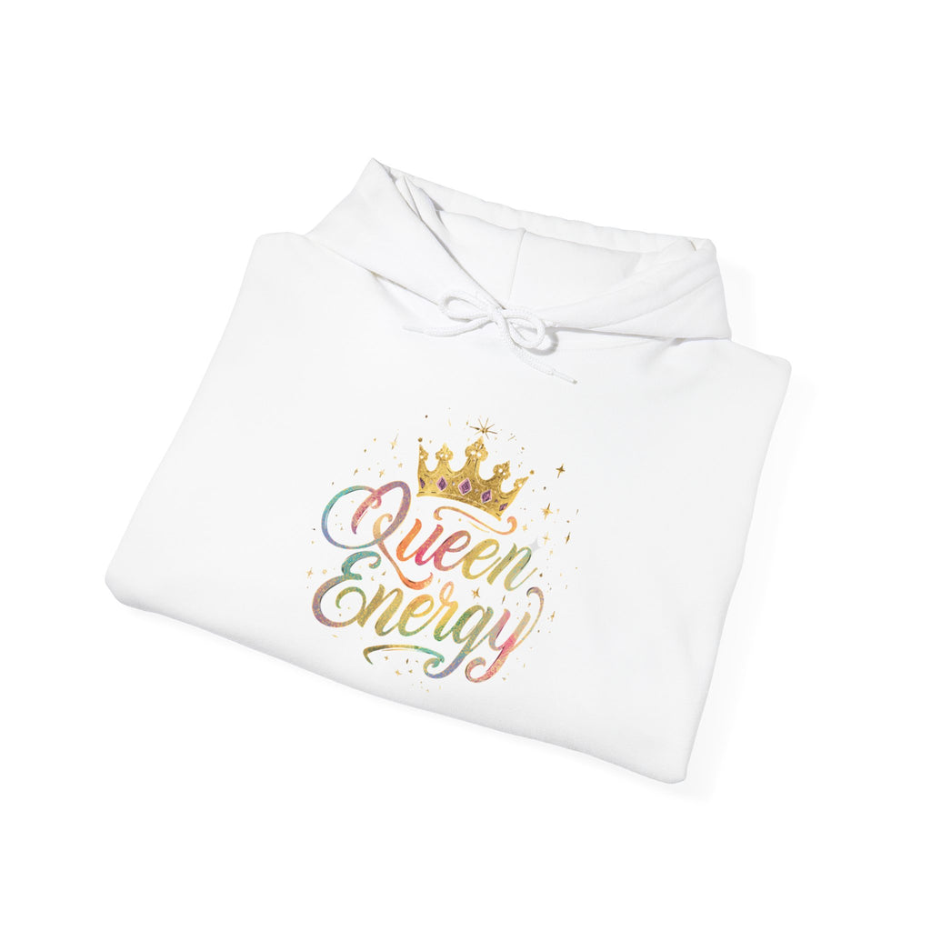Queen Energy Hoodie — Feminine Crown Graphic Pullover with Star Sleeve Accents