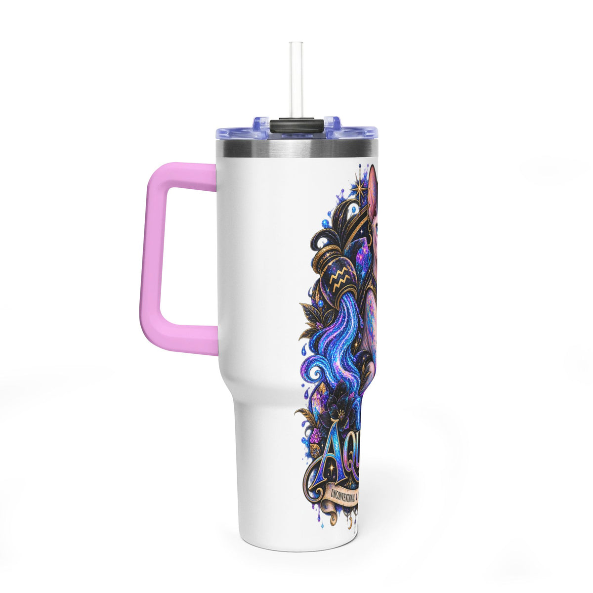 40oz Aquarius Zodiac Tumbler — Sphynx Cat Astrology Vacuum Thermal Cup