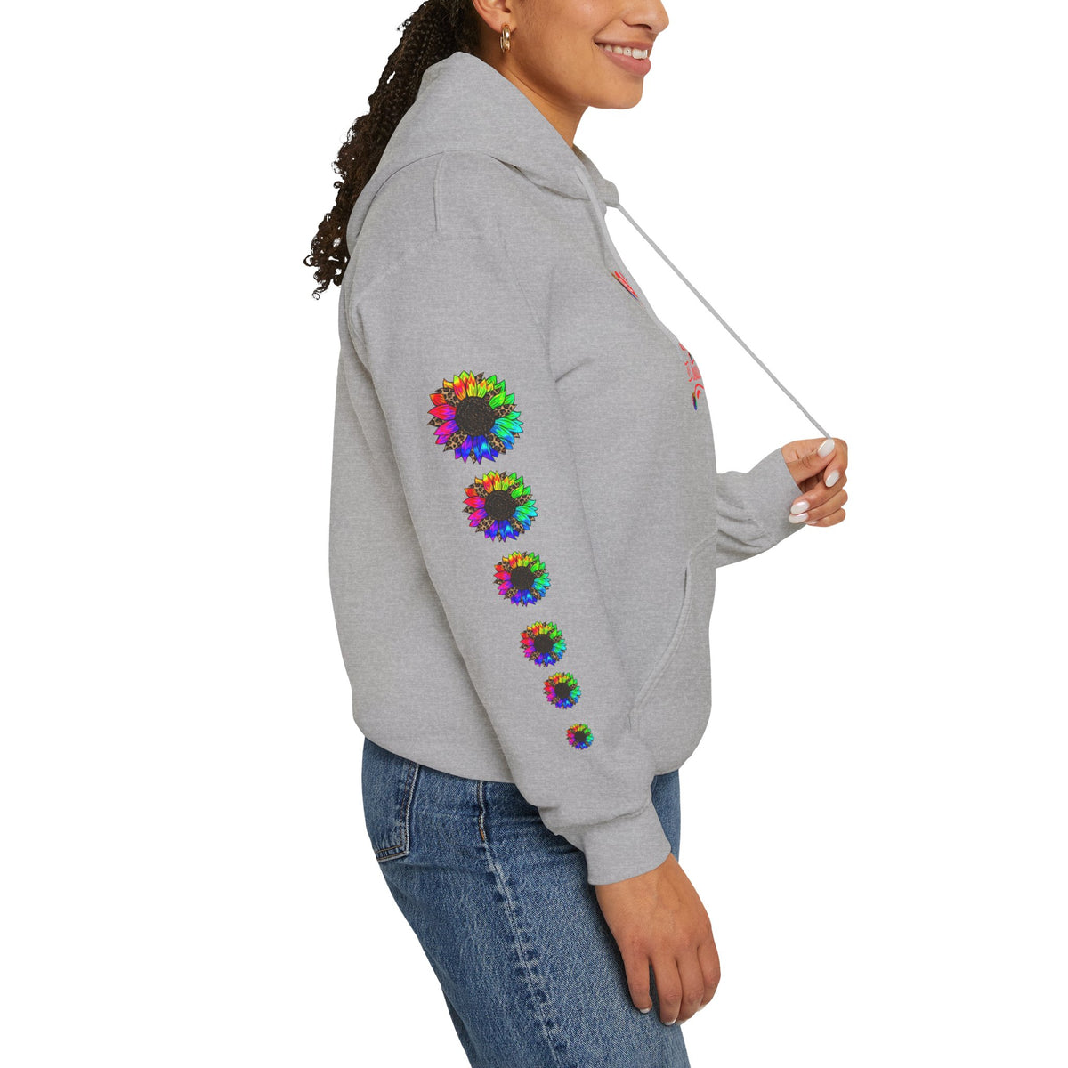 Inspirational Floral Hoodie – "Your Smile is Kind & Beautiful" Rainbow Sunflower Cozy Pullover