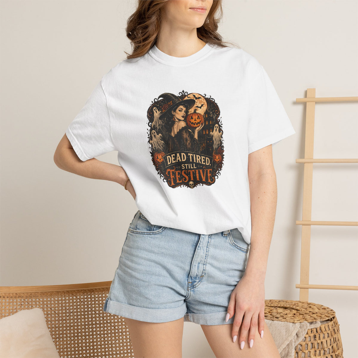 Halloween Graphic T-Shirt — "Dead Tired but Festive" Vintage Horror Pumpkin Tee