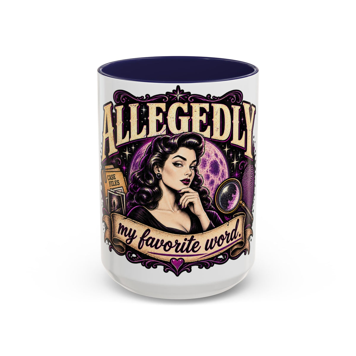 Allegedly Coffee Mug — Retro Pinup Mystery Design