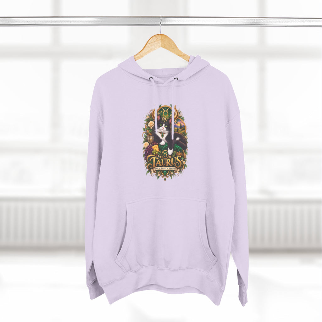 Taurus Tuxedo Cat Zodiac Hoodie — Earthy Bull Constellation Graphic Fleece Pullover