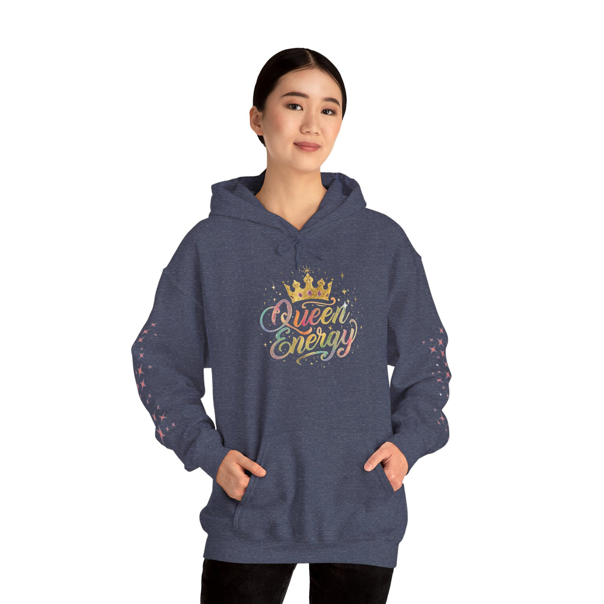 Queen Energy Hoodie — Feminine Crown Graphic Pullover with Star Sleeve Accents