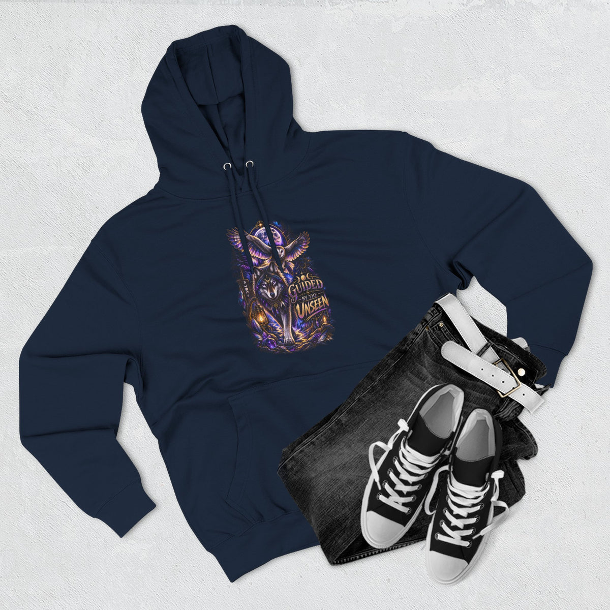 Witchy Owl and Wolf Fleece Hoodie - Mystical Night Forest Graphic- Guided by the Unseen